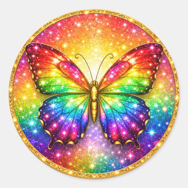 Luxury Rainbow Butterfly Circle Classic Round Sticker (Front)