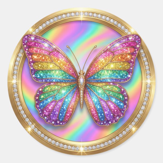 Luxury Rainbow Glitter Butterfly  Classic Round Sticker (Front)