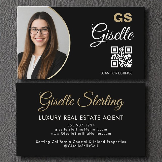 Luxury Real Estate Agent Black Gold Photo QR Code  Business Card (Creator Uploaded)
