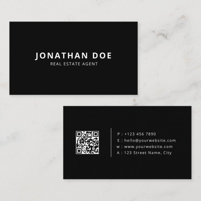 Luxury Real Estate Agent Elegant Black QR Code  Business Card (Front/Back)