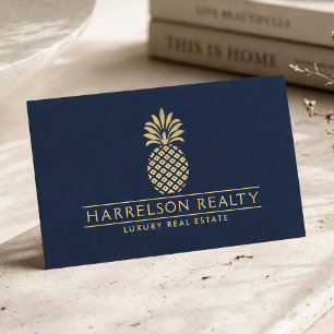 Luxury Real Estate Agent Gold Pineapple Logo Navy Business Card
