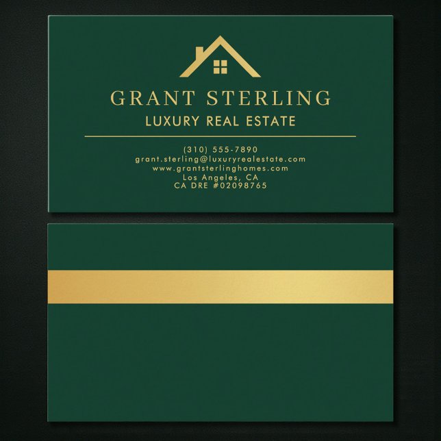 Luxury Real Estate Agent Green Gold Metallic Business Card (Creator Uploaded)