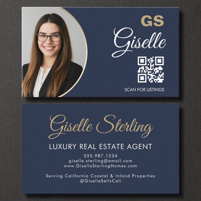 Luxury Real Estate Agent Navy Blue Gold QR Code  Business Card (Creator Uploaded)
