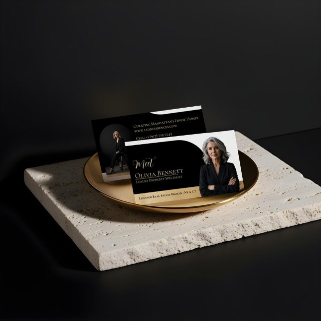 Luxury Real Estate Arch Frame Photo Black Gold Business Card (Luxury Real Estate Arch Frame Photo Black Gold Business Card)