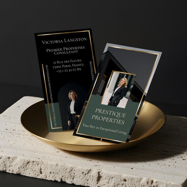 Luxury Real Estate Black Gold Photo Monogram Business Card (Luxury Real Estate Black Gold Photo Monogram Green Business Card)