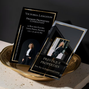 Luxury Real Estate Black Gold Photo Monogram Business Card