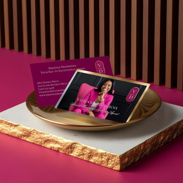 Luxury Real Estate Black Gold Pink Photo Monogram Business Card (Luxury Real Estate Black Gold Pink Photo Monogram Business Card)