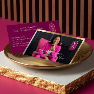 Luxury Real Estate Black Gold Pink Photo Monogram Business Card