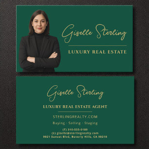 Luxury Real Estate Emerald Green Gold Script Business Card