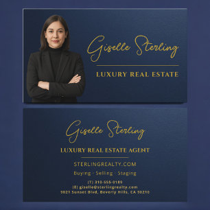 Luxury Real Estate Navy Blue Gold Metallic Business Card