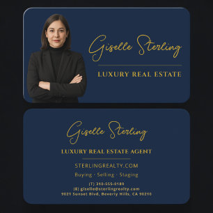 Luxury Real Estate Navy Blue Gold Script Business Card