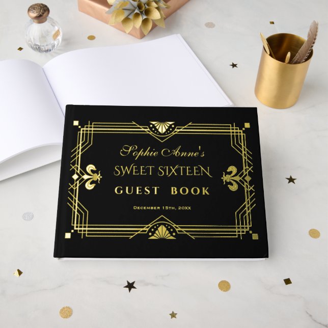 Luxury Real Foil Gold Black Sweet Sixteen Party Guest Book (Front Open)
