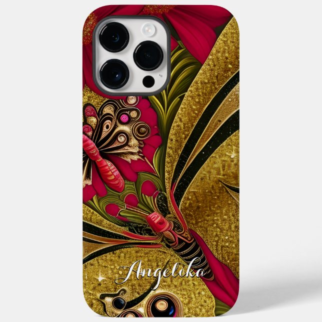 Luxury Red and Gold Butterfly Custom Name Case-Mate iPhone Case (Back)