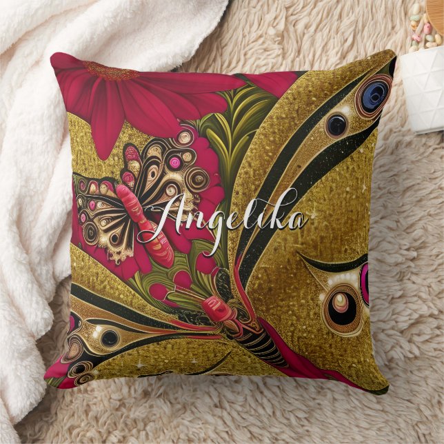 Luxury Red and Gold Butterfly Custom Name Cushion (Blanket)