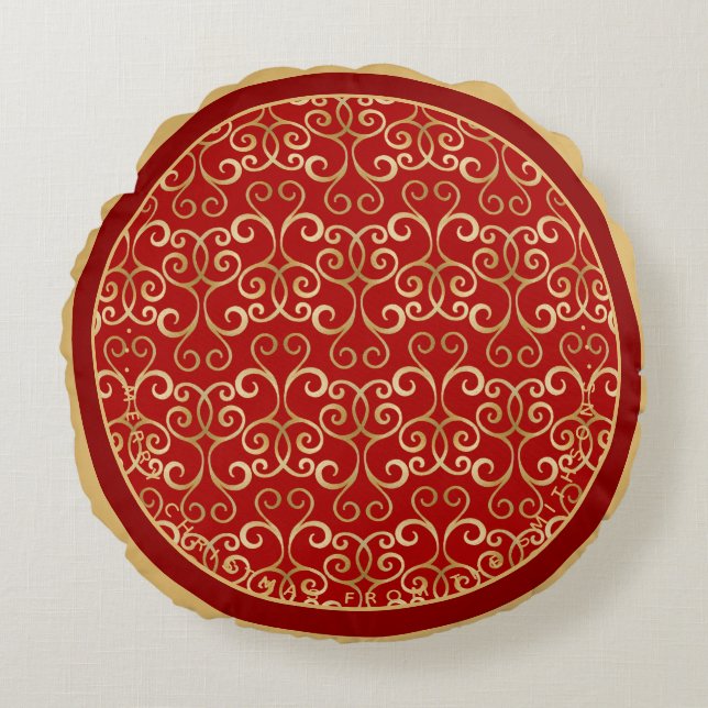  LUXURY RED AND GOLD CHRISTMAS DAMASK PERSONALIZED ROUND CUSHION (Front)