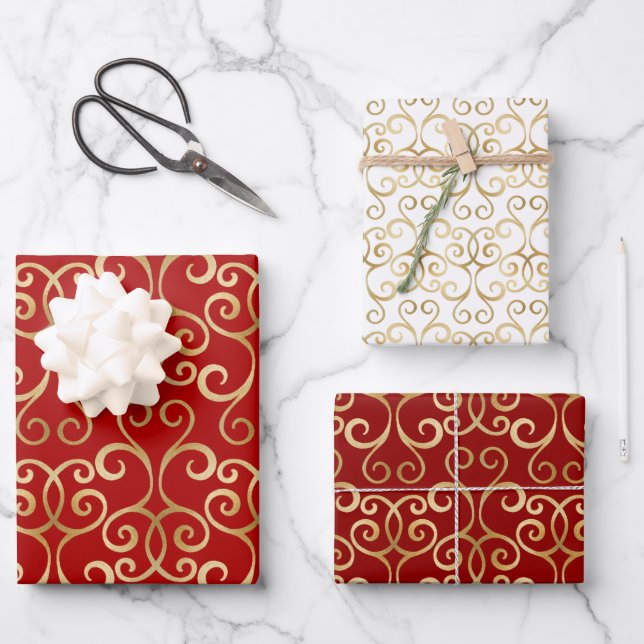  LUXURY RED AND GOLD CHRISTMAS DAMASK PERSONALIZED WRAPPING PAPER SHEET (Front)