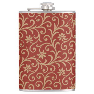 Luxury Red and Gold Damask Floral Scroll  Hip Flask
