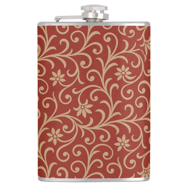 Luxury Red and Gold Damask Floral Scroll  Hip Flask (Front)