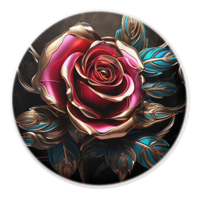 Luxury Red Blue Gold Rose 3D Effect Decor Print Ceramic Knob (Front)