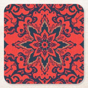 Luxury Red Blue Ornate Persian Medallion Pattern Square Paper Coaster