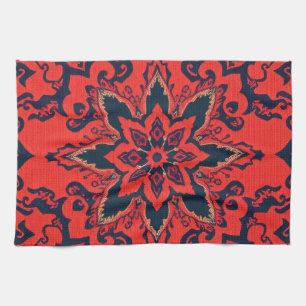Luxury Red Blue Ornate Persian Medallion Pattern Tea Towel