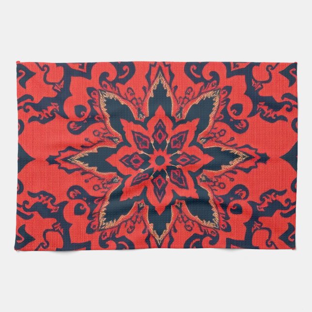 Luxury Red Blue Ornate Persian Medallion Pattern Tea Towel (Horizontal)