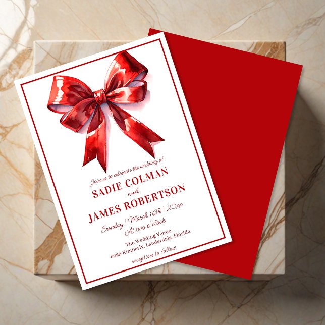 Luxury Red Coquette Ribbon Bow Wedding Invitation (Creator Uploaded)