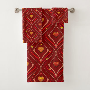 Luxury Red Gold Art Deco Abstract Pattern Bath Towel Set