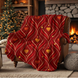 Luxury Red Gold Art Deco Abstract Pattern Fleece Blanket