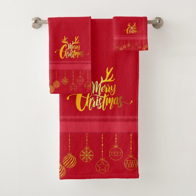 Luxury Red & Gold Christmas Bath Towel Set (Insitu)