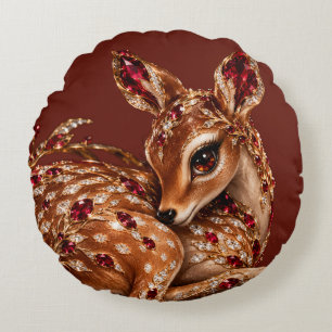 Luxury Red Gold Deer Art Round Cushion