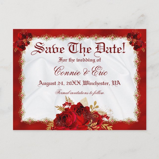 Luxury Red Gold Floral Roses Wedding Save The Date Announcement Postcard (Front)