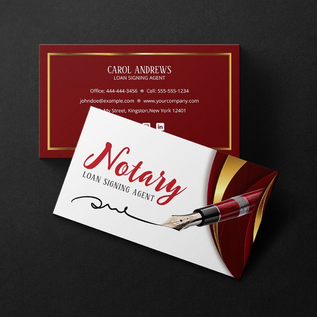 Luxury Red Gold Loan Signing Agent Notary Public Business Card (Creator Uploaded)