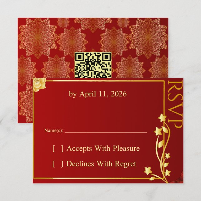 Luxury Red Gold Mandala QR Code RSVP Card (Front/Back)
