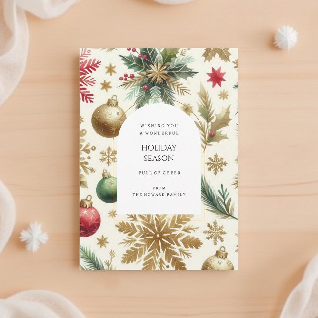 Luxury Red Green Gold Snowflake Holiday Card (Creator Uploaded)