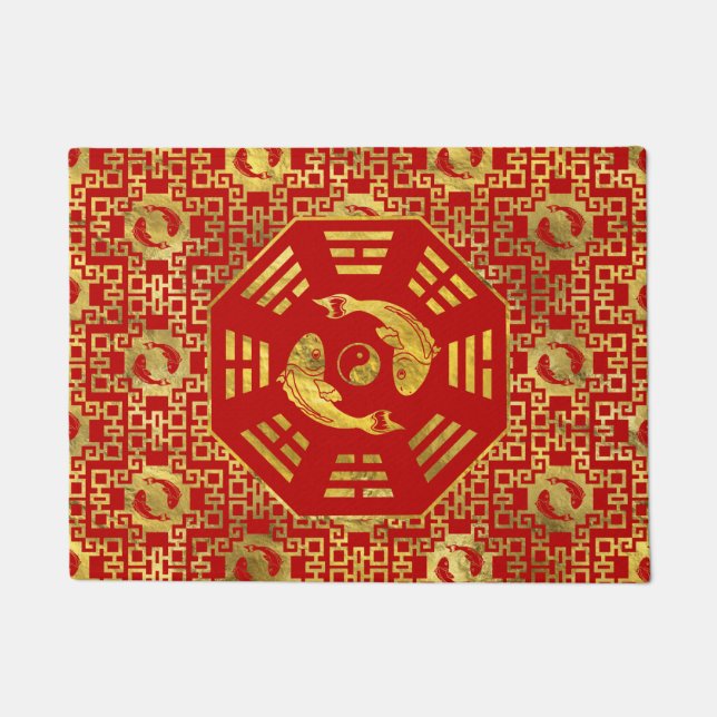 Luxury  Red on gold Pair of Koi Fish in Bagua Doormat (Front)