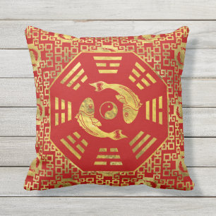 Luxury  Red on gold Pair of Koi Fish in Bagua Outdoor Cushion