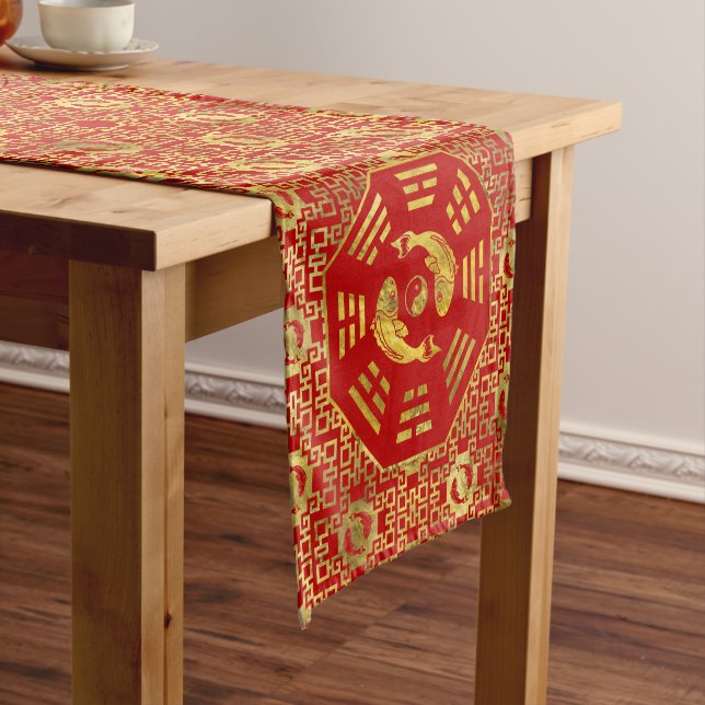 Luxury  Red on gold Pair of Koi Fish in Bagua Short Table Runner (In Situ)