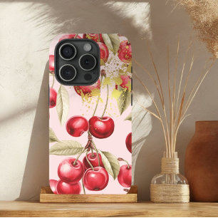 Luxury Red, Pink and Gold Cherry Fruit Trellis iPhone 15 Case
