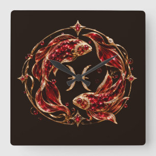 Luxury Red Pisces Zodiac Square Wall Clock