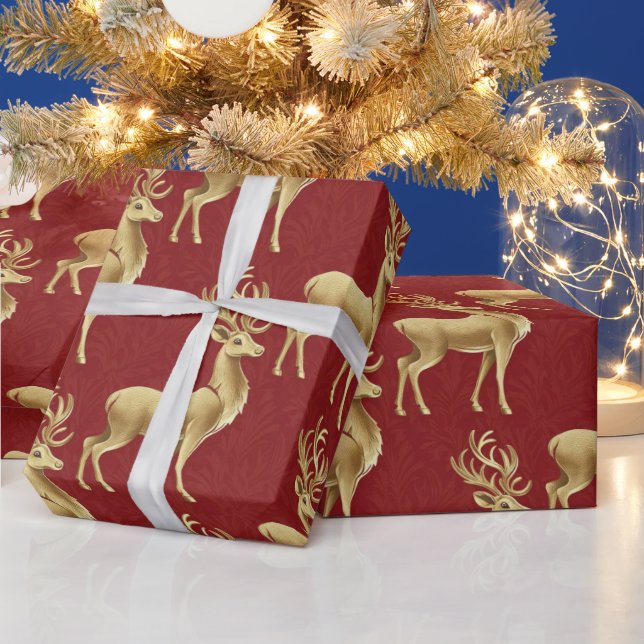 Luxury Red reindeer moose Gold merry Xmas Pattern Wrapping Paper (Holidays)