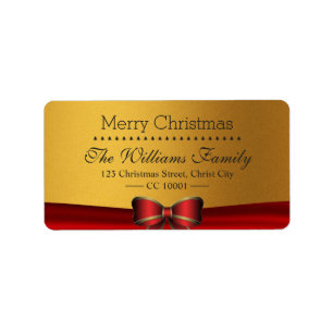 Luxury Red Ribbon & Gold Glitter Christmas Address Label