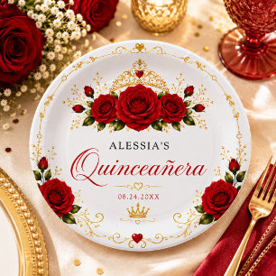 Luxury Red Rose Gold Crown Elegant Quinceañera Paper Plate