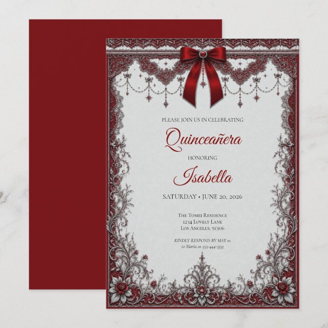 Luxury Red Silver Bow Quinceañera Invitation (Front/Back)