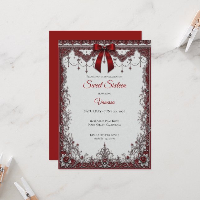 Luxury Red Silver Bow Sweet 16 Invitation (Front/Back In Situ)