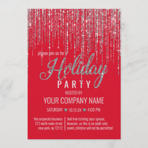 Luxury Red Silver Glitter Fringe Corporate Holiday Invitation