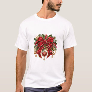 Luxury Red Velvet Bow Evergreen Christmas T-Shirt