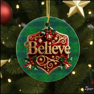Luxury Red Velvet Gold  Christmas ( Believe ) Ceramic Ornament