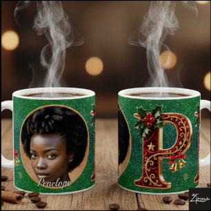 Luxury Red Velvet Gold Christmas Letter P Coffee Mug