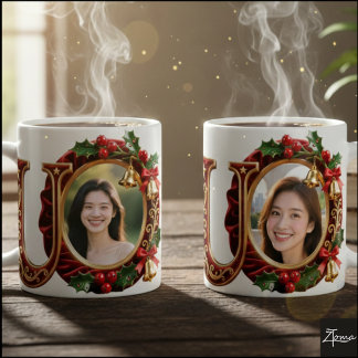 Luxury Red Velvet Gold Christmas Letter U Coffee Mug
